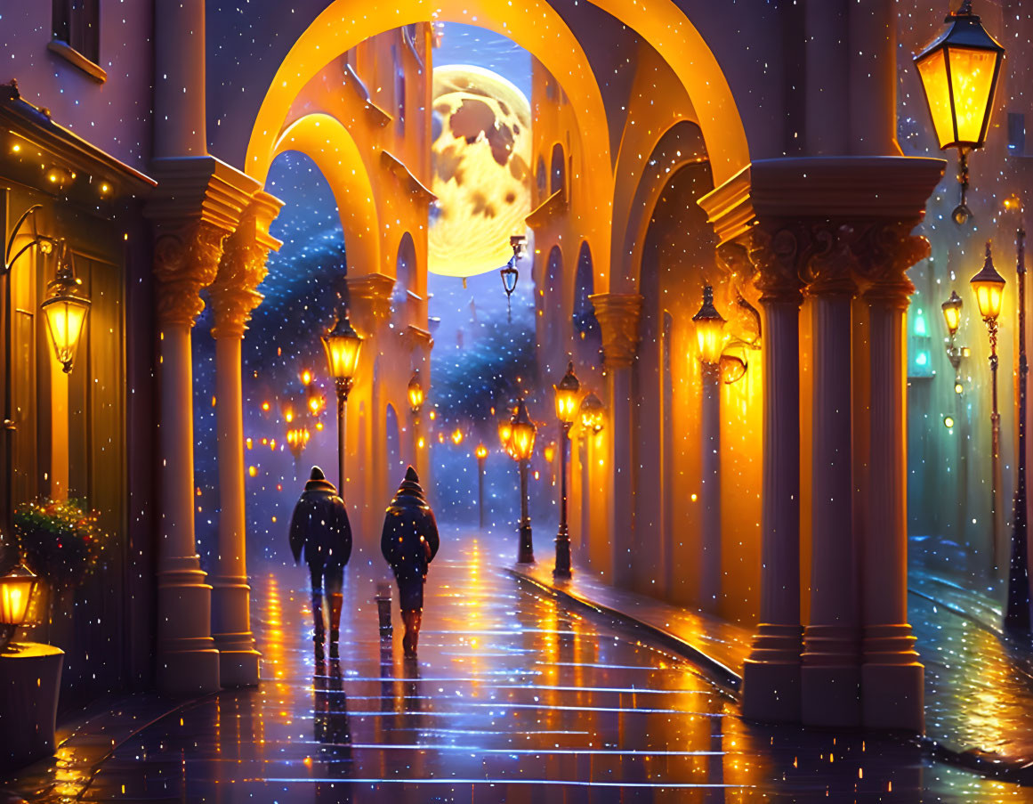 Silhouetted figures in illuminated corridor with arches and moon