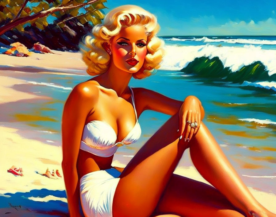 Vintage-style illustration of a woman in white swimsuit on sunny beach