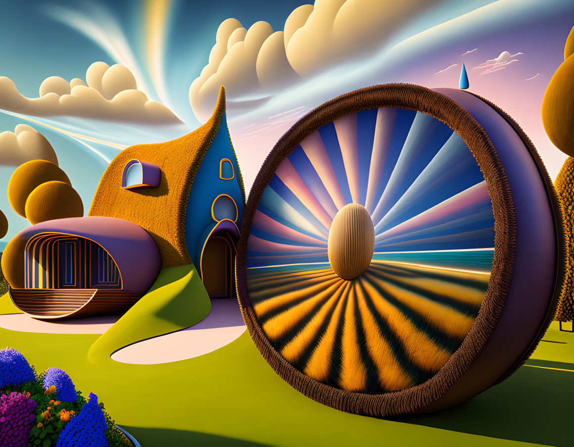 Whimsical houses and circular portal in surreal landscape