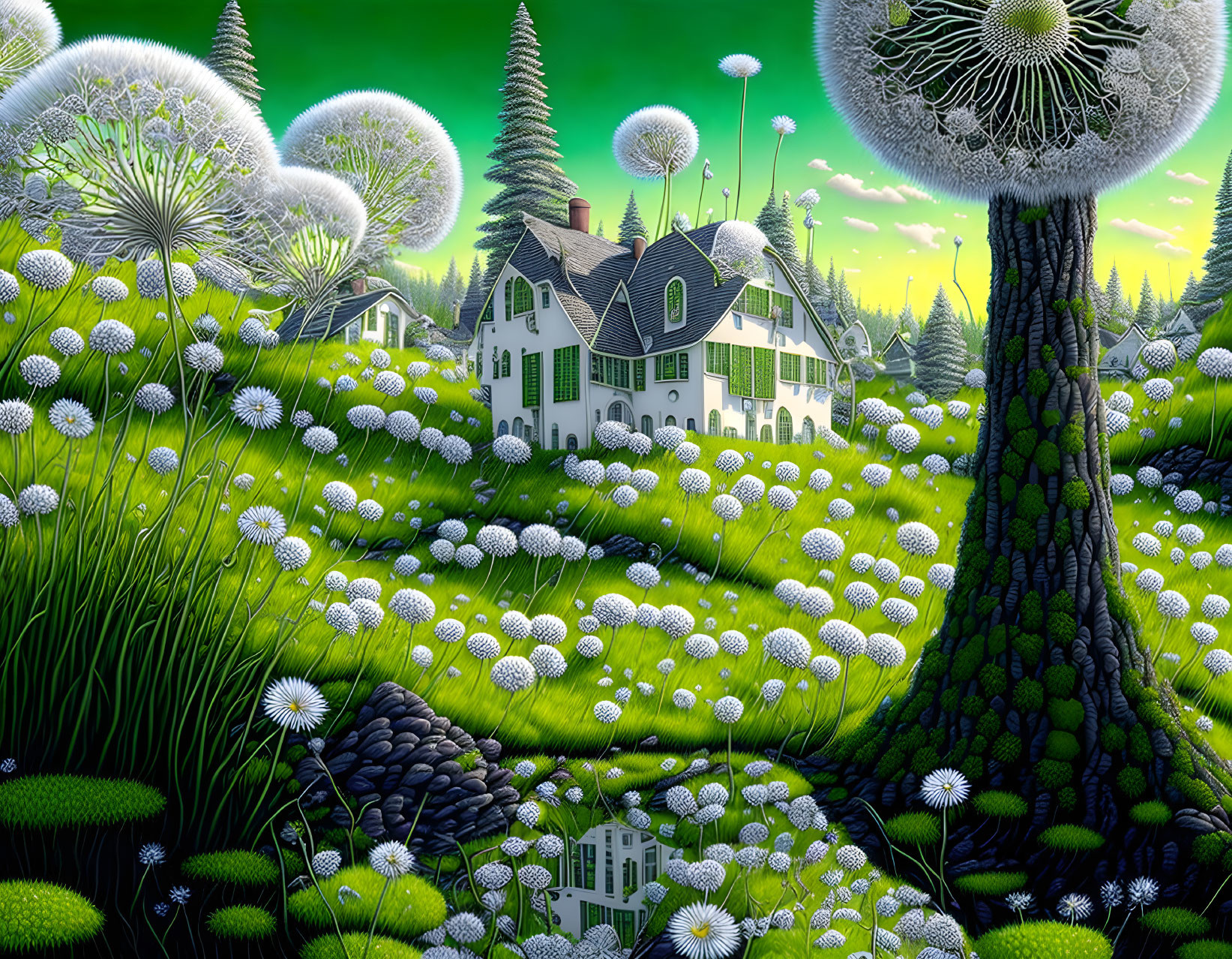 Colorful artwork of oversized dandelion plants and a house in a green landscape