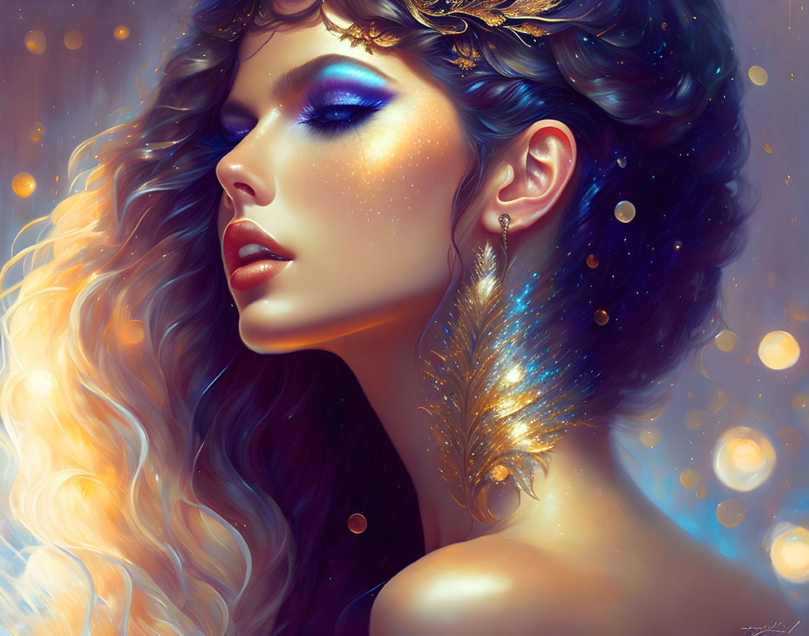 Digital Artwork: Woman with Blonde Hair, Blue Eyeshadow, Gold Leaf, Dreamy Background