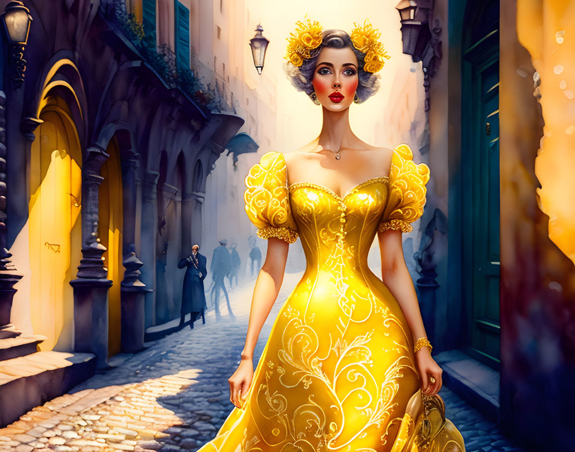 Woman in yellow ornate dress on vintage street with passersby.