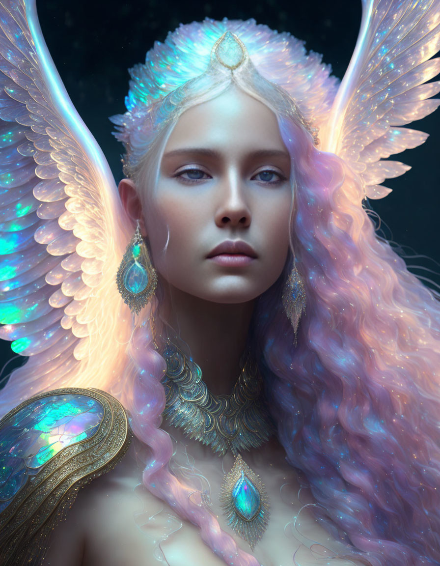 Person with iridescent wings, pastel hair, ethereal jewelry & crown on dark background