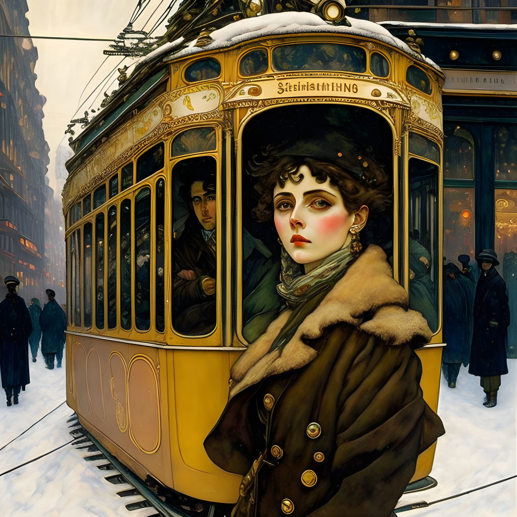 Vintage Tram and Woman in Period Attire in Snow-Covered City Street