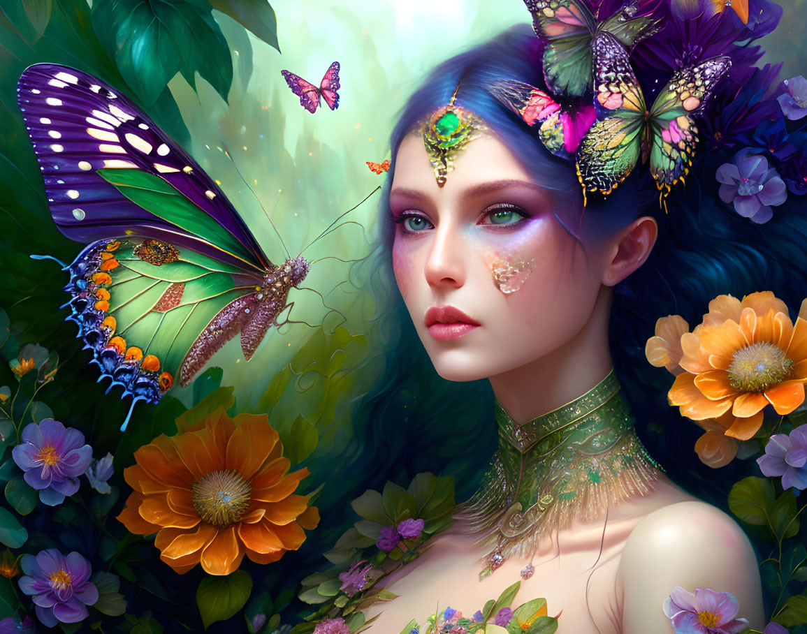 Portrait of woman with blue hair and butterflies in a floral setting.