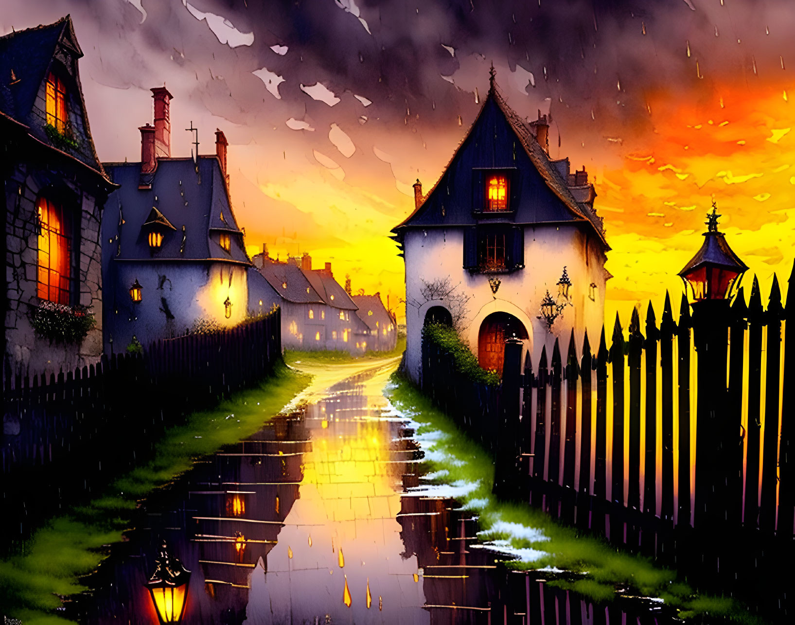 Colorful painting of cobblestone street at dusk with fiery sky reflection.