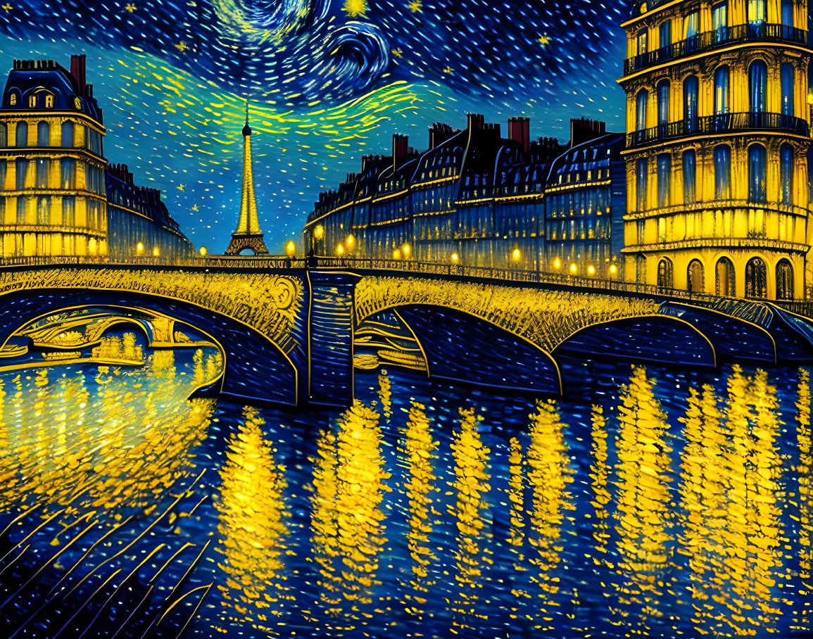 Parisian scene with bridge and Eiffel Tower under starry sky