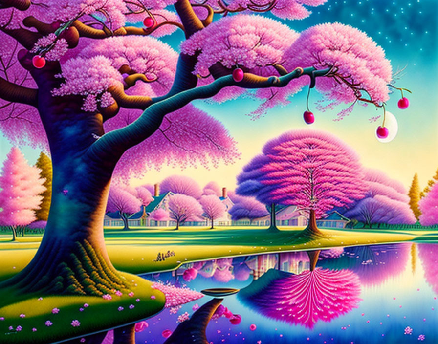 Surreal landscape with pink cherry blossom trees and whimsical cottages