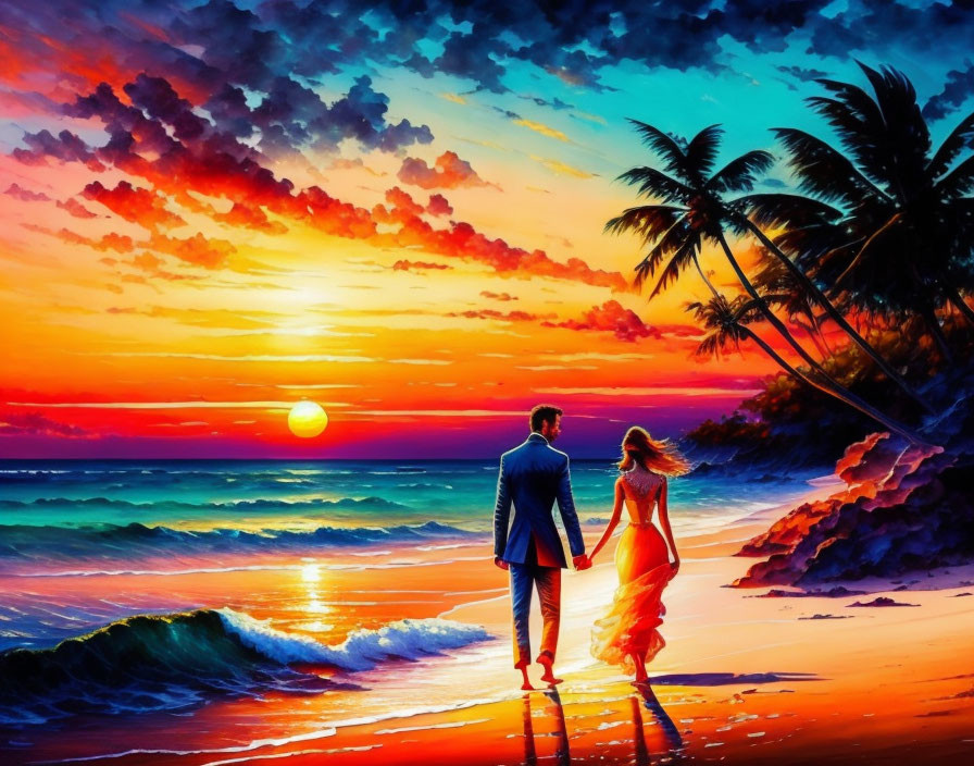 Couple holding hands on beach at sunset with vibrant colors.