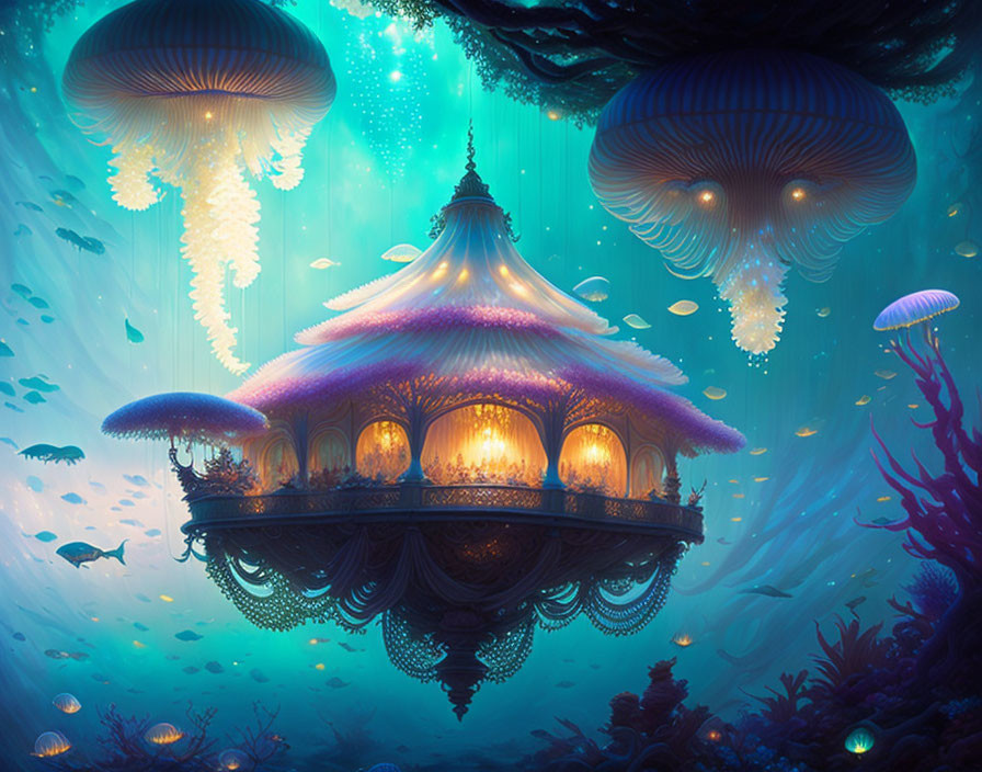 Underwater Scene with Luminous Jellyfish-Like Structure