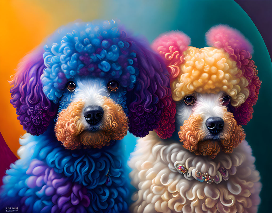 Colorful Poodles with Vibrant Curly Fur on Multicolored Background