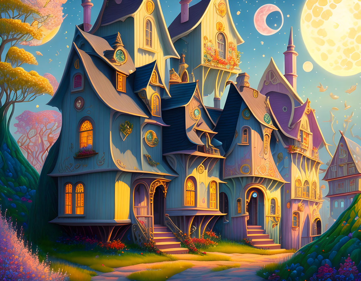 Whimsical multistoried blue house with turrets and balconies in a fantasy illustration