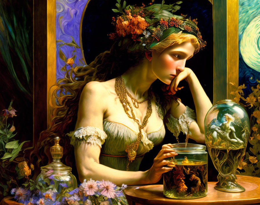 Pensive woman with floral wreath by globe in classical-style painting