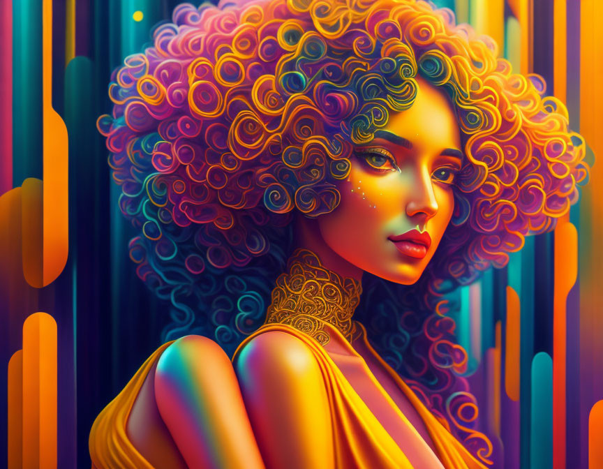 Vibrant illustration of woman with curly hair and golden tattoos on abstract background