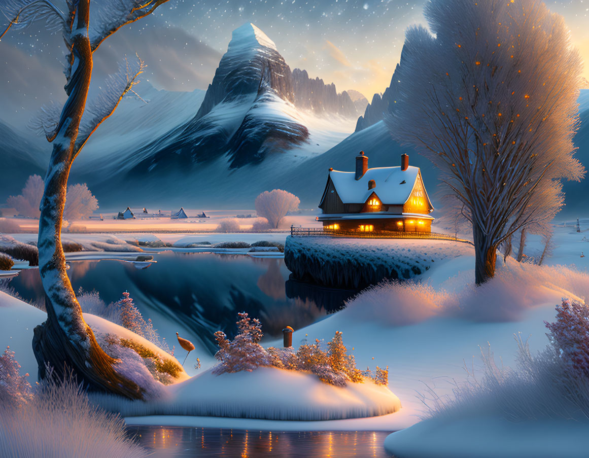 Snowy landscape with illuminated cottage and river