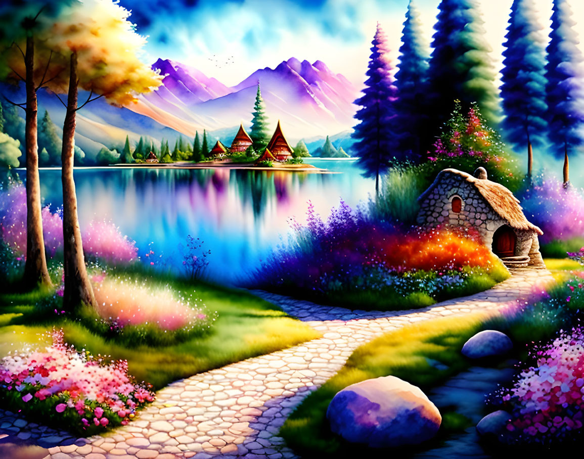 Colorful fantasy landscape with cobblestone path, stone bridge, lake, pine trees, and mountains