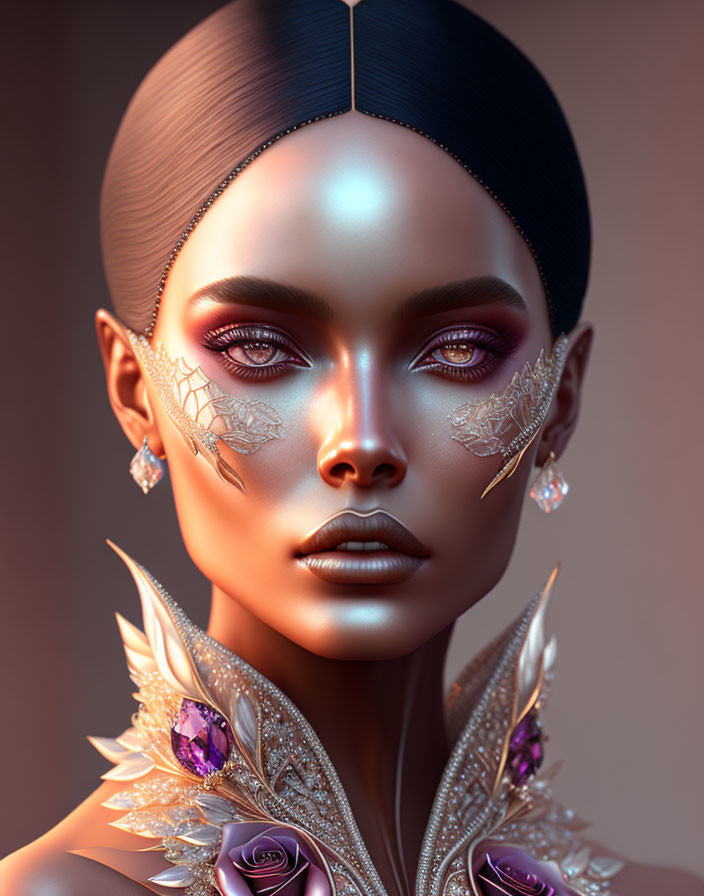 Female model portrait with gold leaf, purple gemstones, and floral accents on warm backdrop