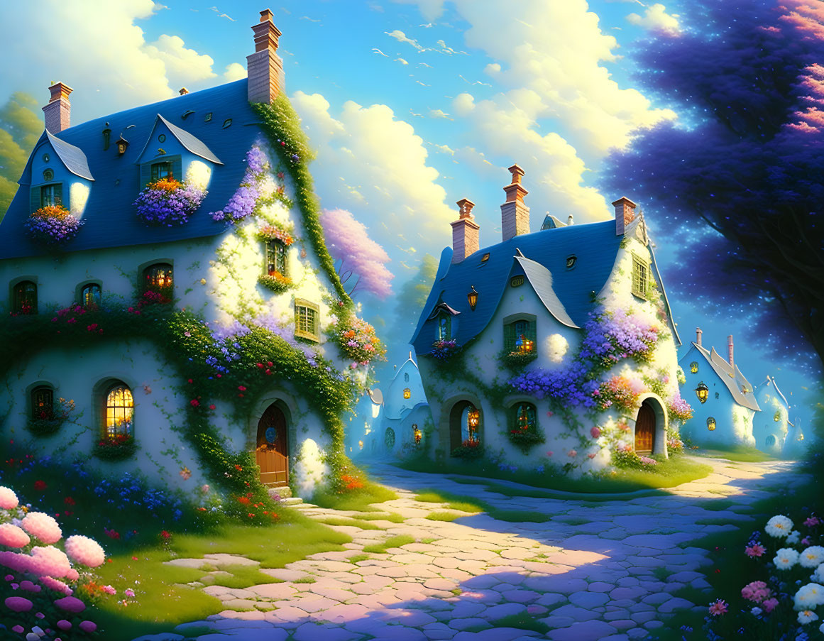 Colorful cottage surrounded by flowers in magical landscape