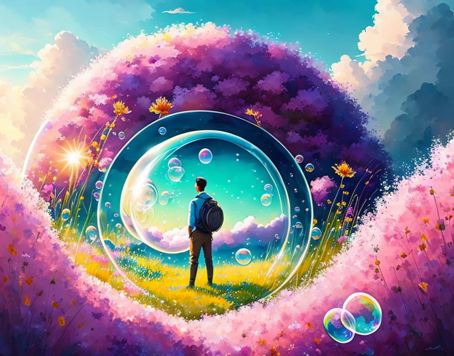 Person standing before vibrant surreal bubble portal in lush meadow