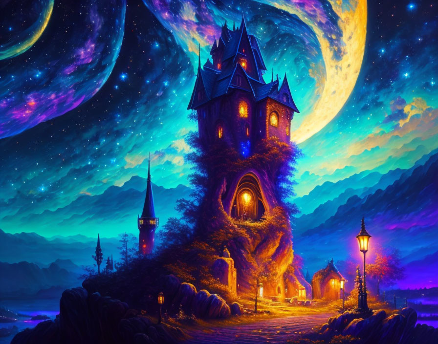 Fantasy castle night scene with crescent moon and lanterns