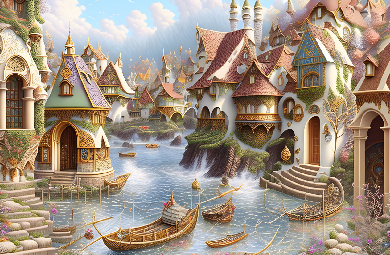 Enchanting fairy-tale village with pastel buildings, arched bridges, floating boats, and