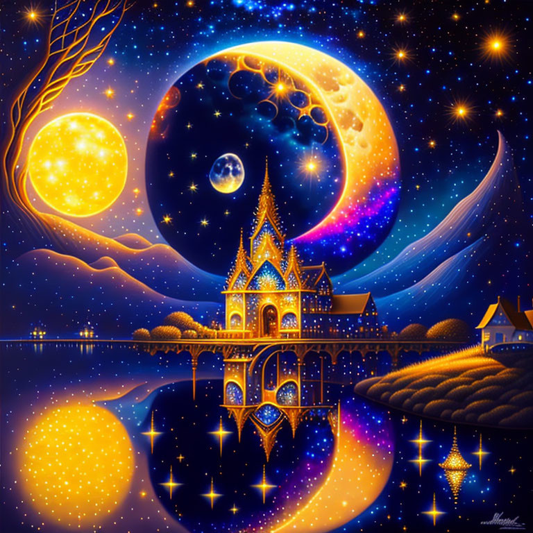 Glowing castle on lake with two moons in vibrant night sky