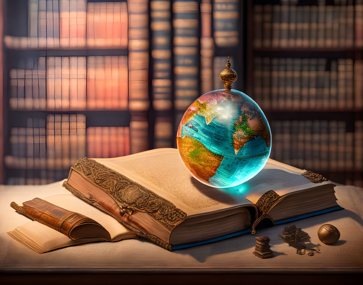 Antique Book with Illuminated Globe and Warm Window Light