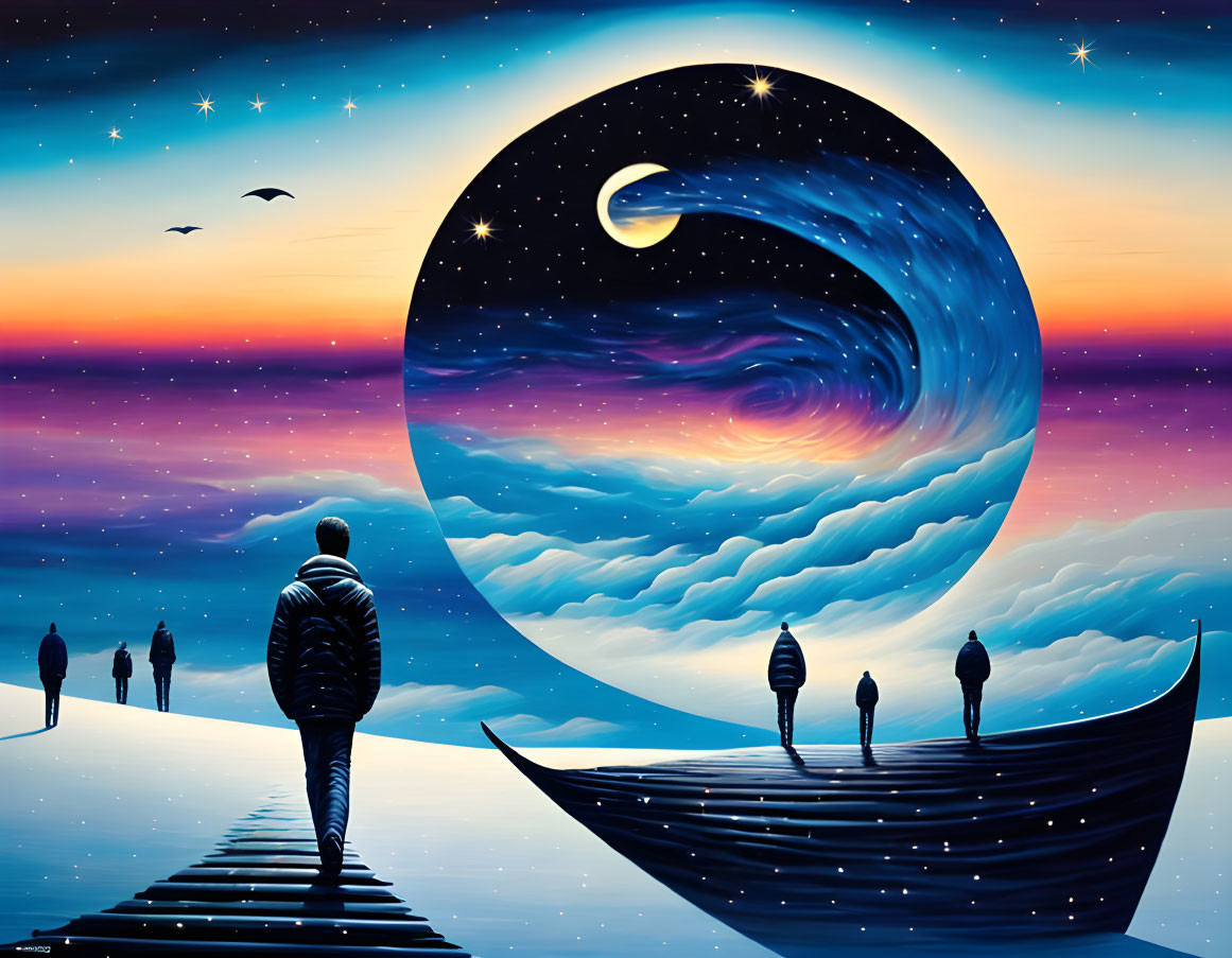 Individuals walking towards boat under gigantic wave and moon in surreal artwork