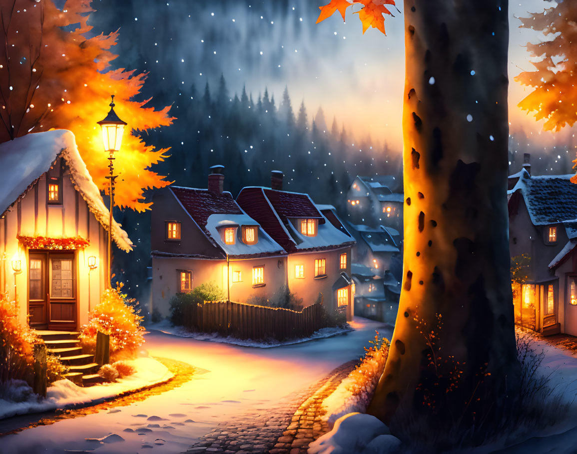 Winter night village scene with glowing homes, street lamps, falling snow, cobblestone path, and