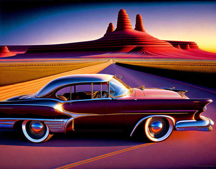 Classic Car Driving on Desert Road at Sunset with Orange and Purple Sky