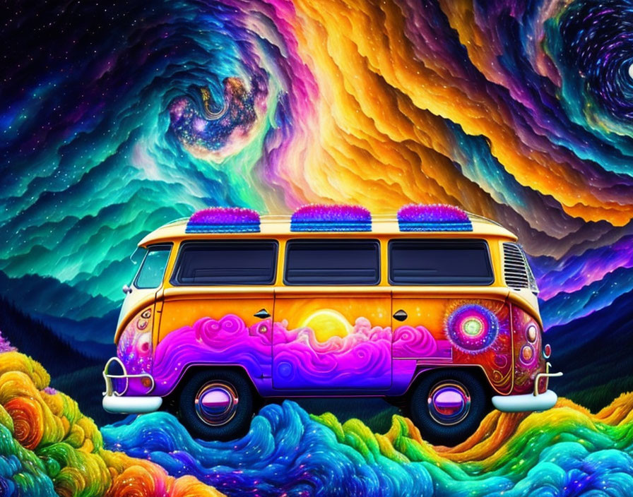 Colorful psychedelic van on vibrant cosmic landscape