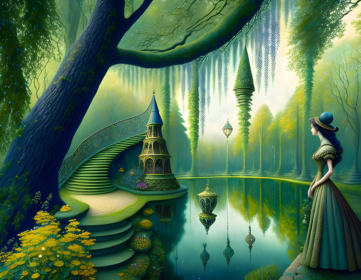 Period-attired woman admires tranquil pond with spiral staircase in fantasy forest