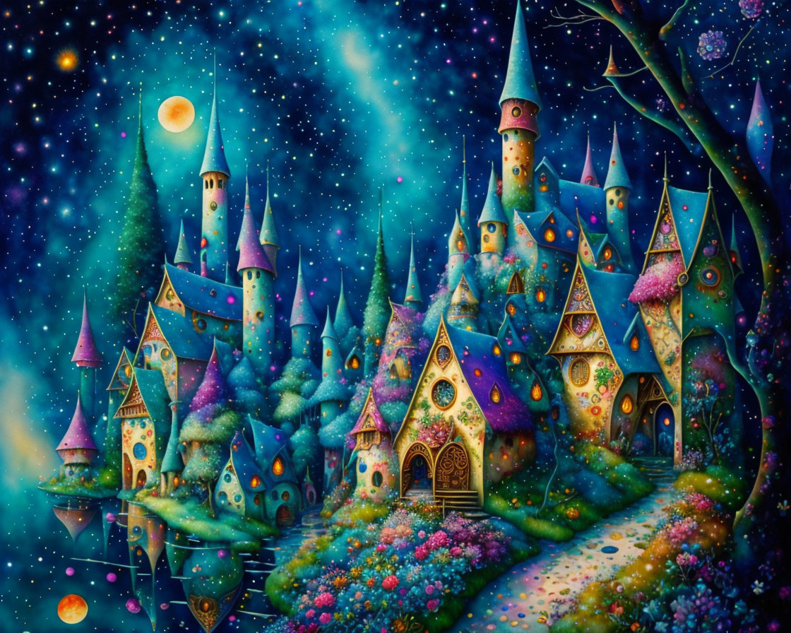 Fantasy illustration of enchanting castle under starry night sky