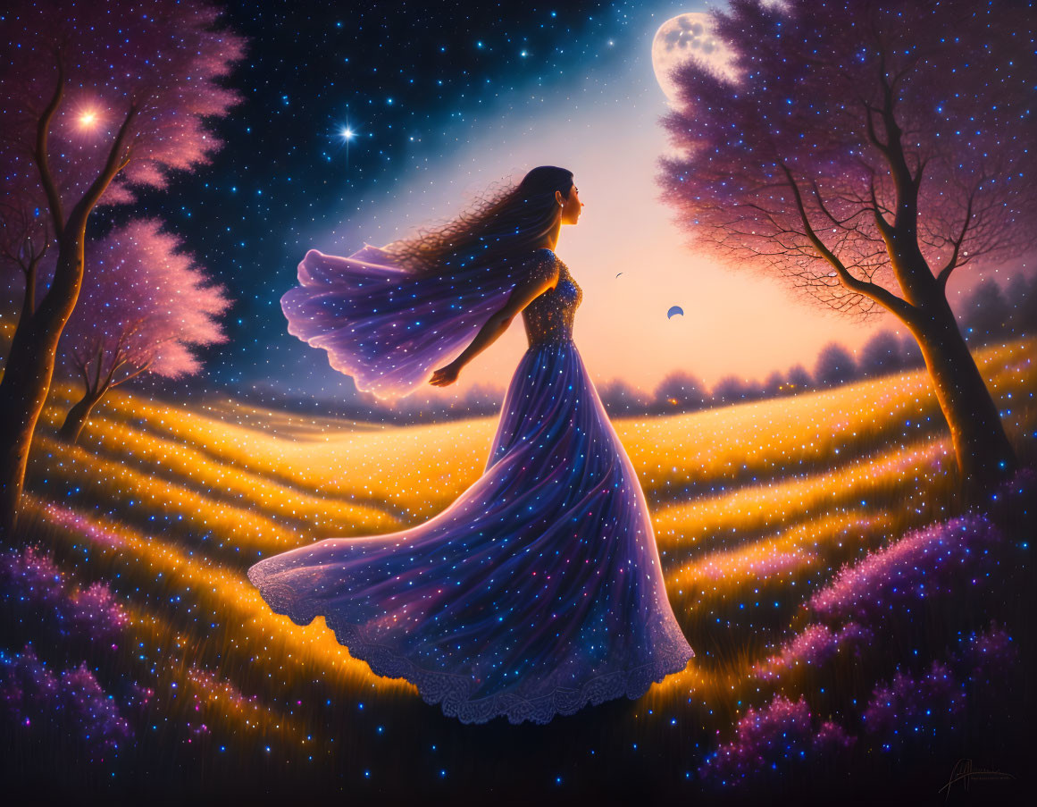 Woman in Starry Gown Walking in Twilight Meadow with Fireflies