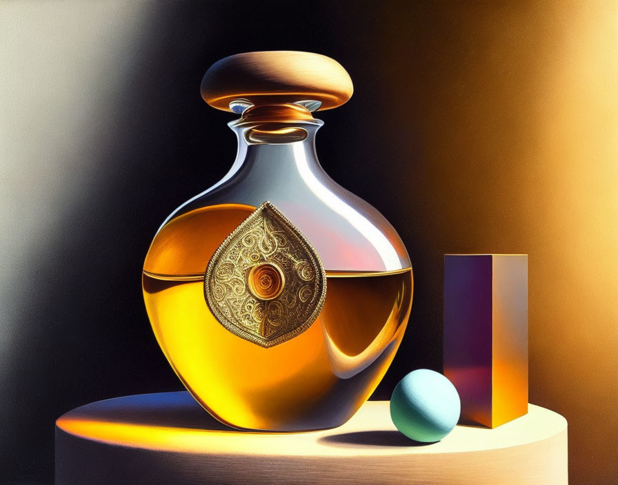 Golden Stylized Perfume Bottle with Rectangle and Sphere on Soft-lit Surface