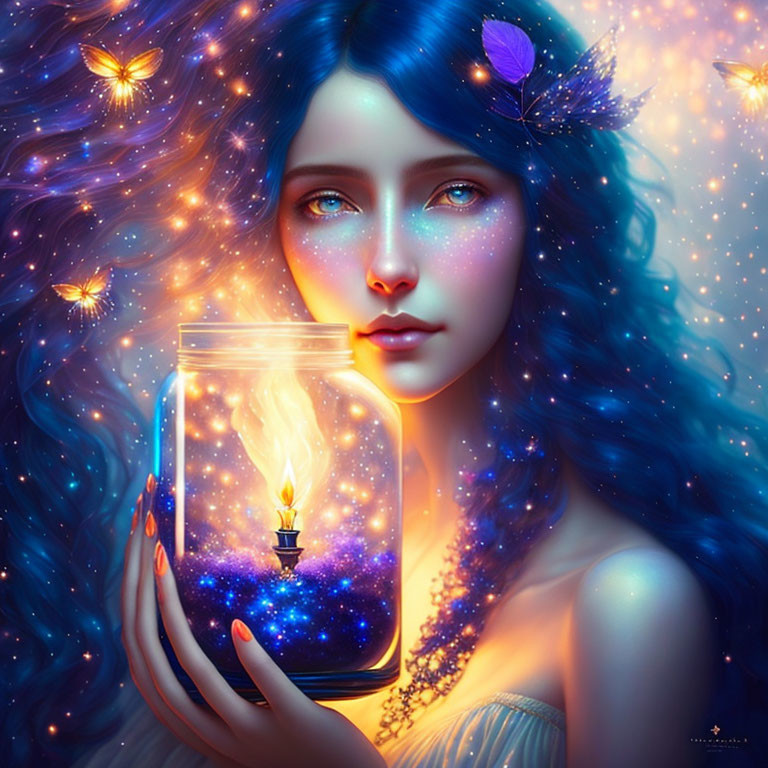 Vibrant blue-haired woman with galaxy jar and butterflies