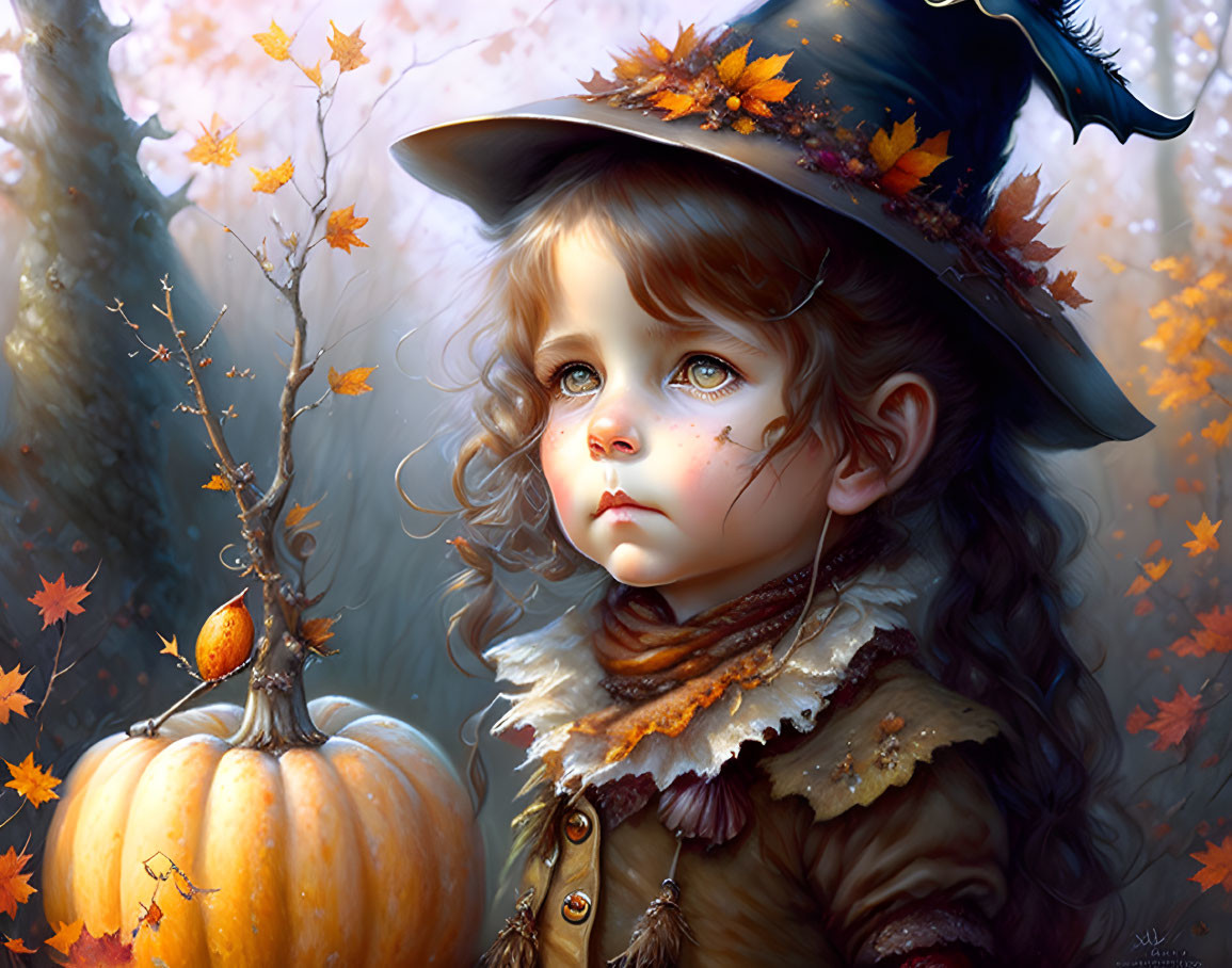 Curly-Haired Girl in Witch Hat with Autumn Decor and Forest Background