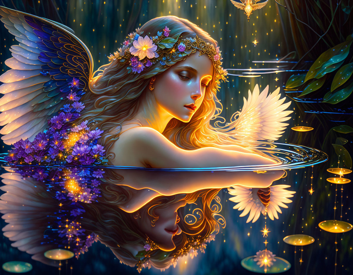 Ethereal being with wings in magical forest at night