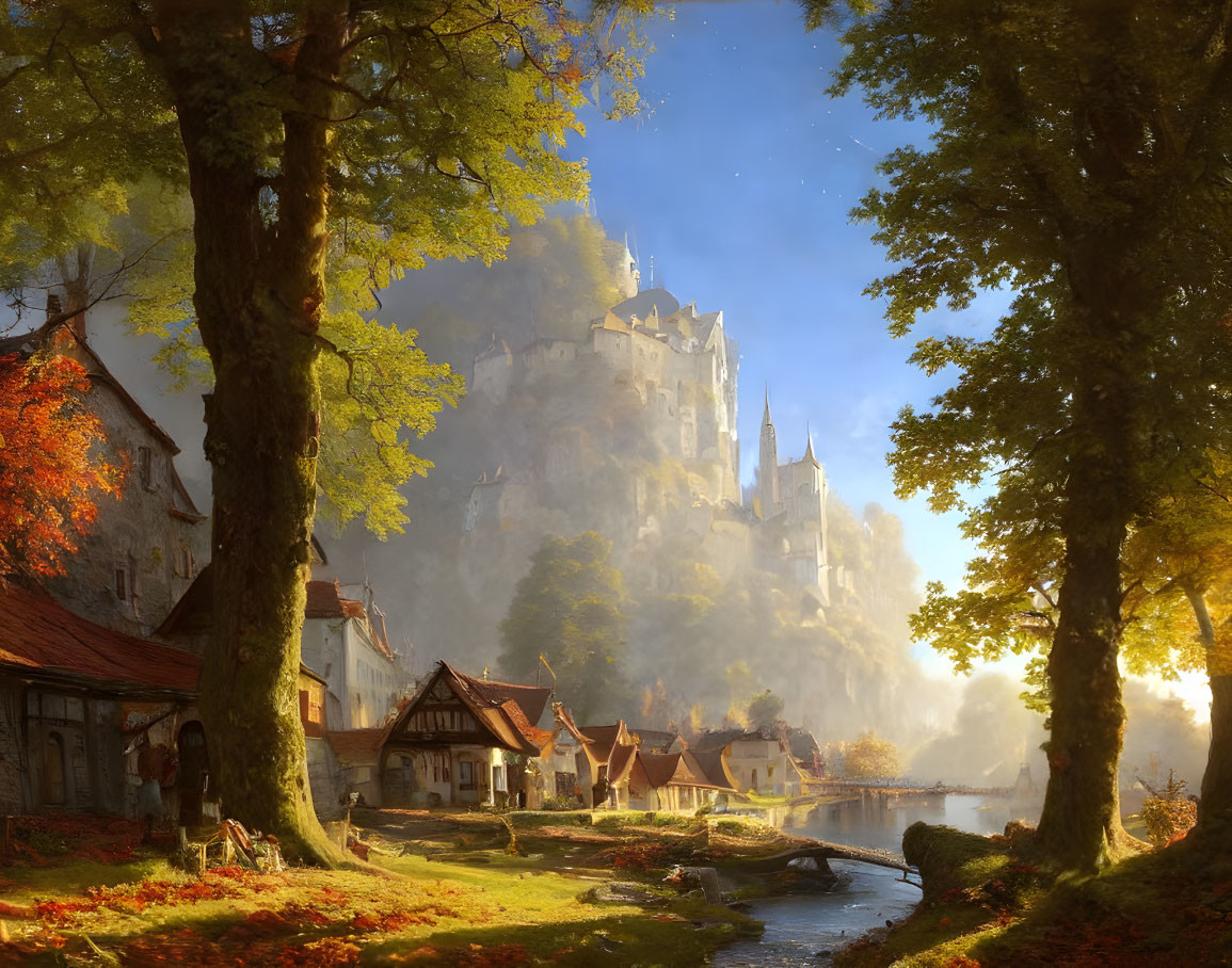 Scenic village by river with autumn leaves and misty castle hill