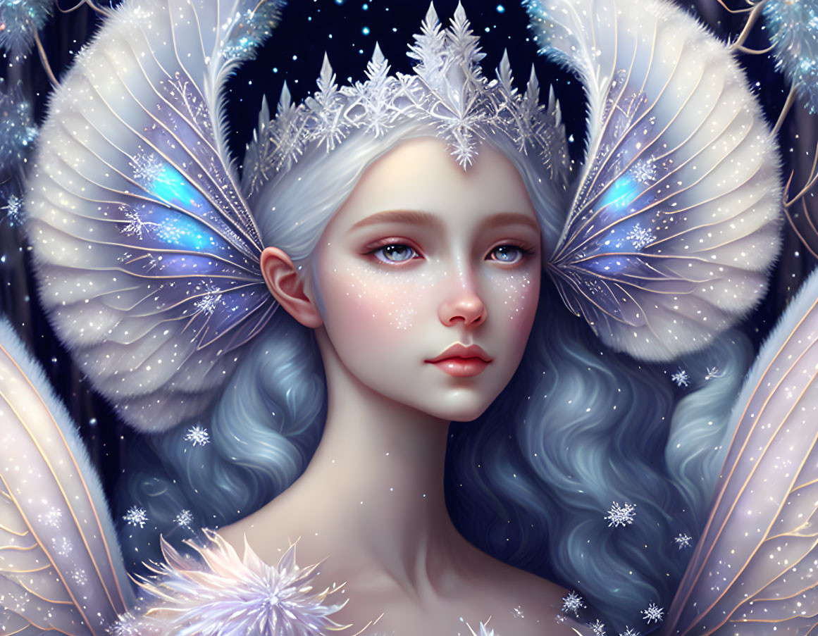 Fantasy digital artwork of female figure with butterfly wings and icy tiara