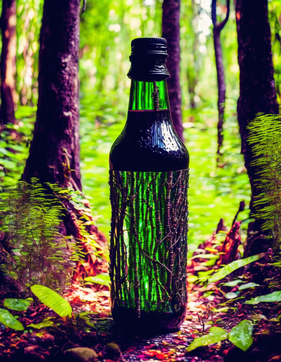 Dark Glass Bottle Amid Vibrant Forest Floor with Patterned Reflections