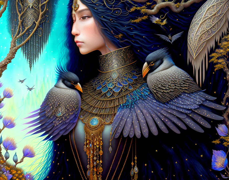 Illustration of person with bird-like features and birds in mystical forest