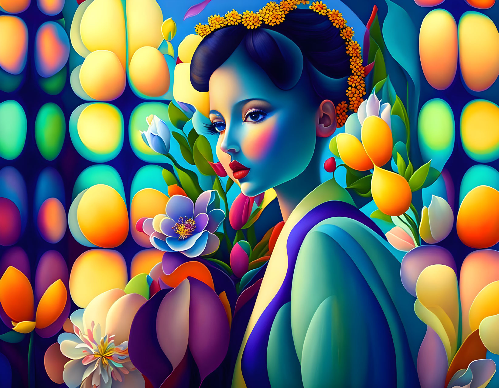 Colorful digital artwork: Woman with blue skin and floral crown amid vibrant flowers and lights