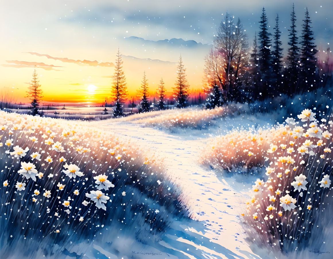 Snowy Path Through Field of Flowers in Winter Sunset