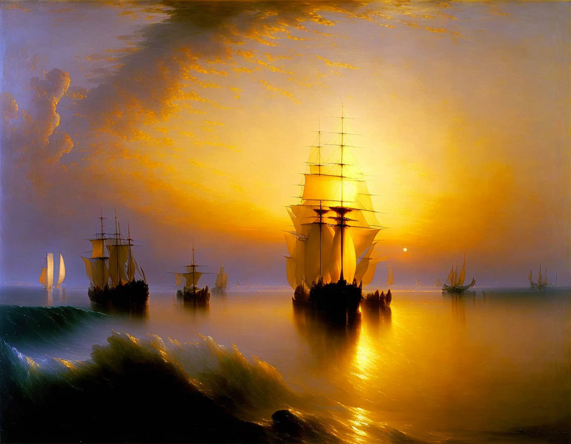 Sailing ships on tranquil sea at sunset