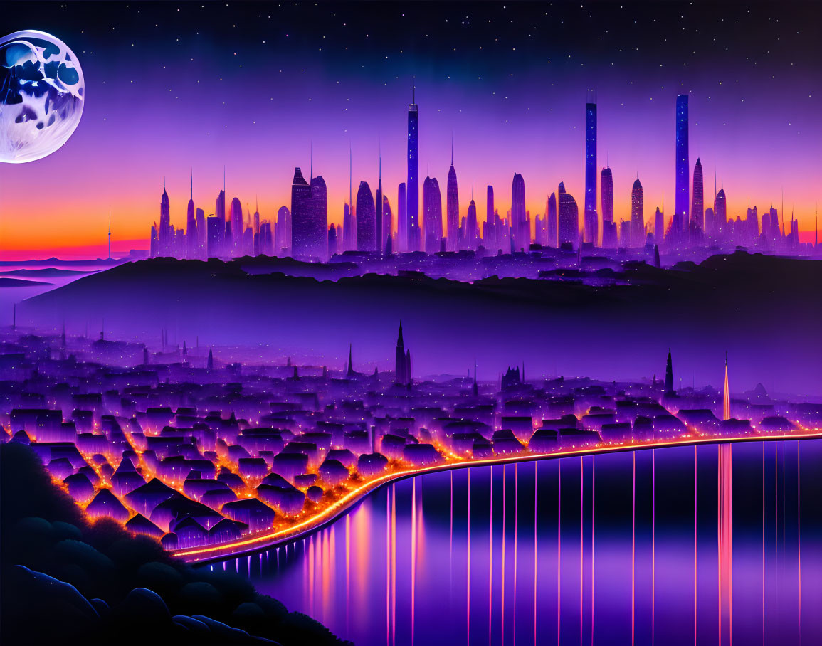 Vibrant purple futuristic cityscape with moon and bridge