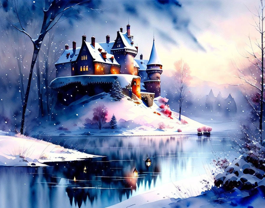 Winter Castle Scene with Snow-Covered Trees and Icy River