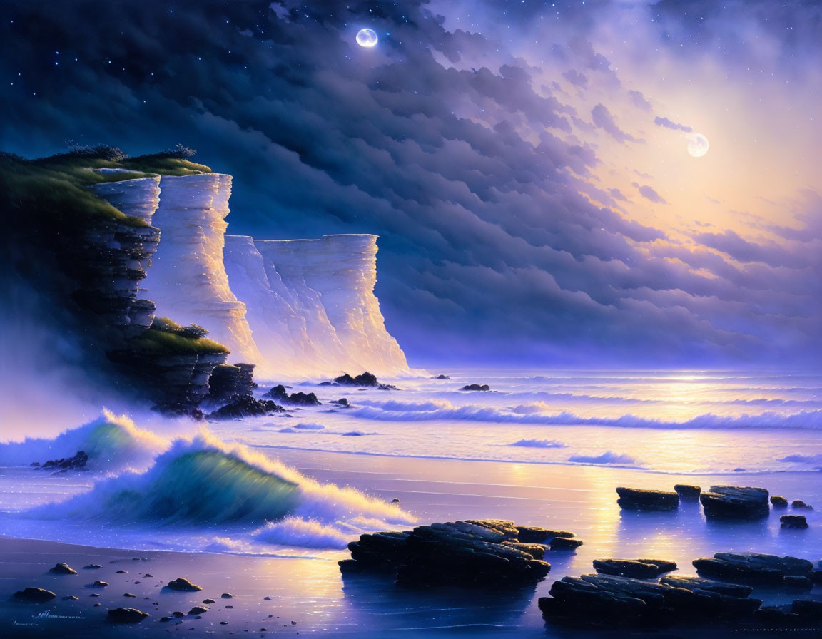 Moonlit ocean waves crashing on cliffs under starry sky