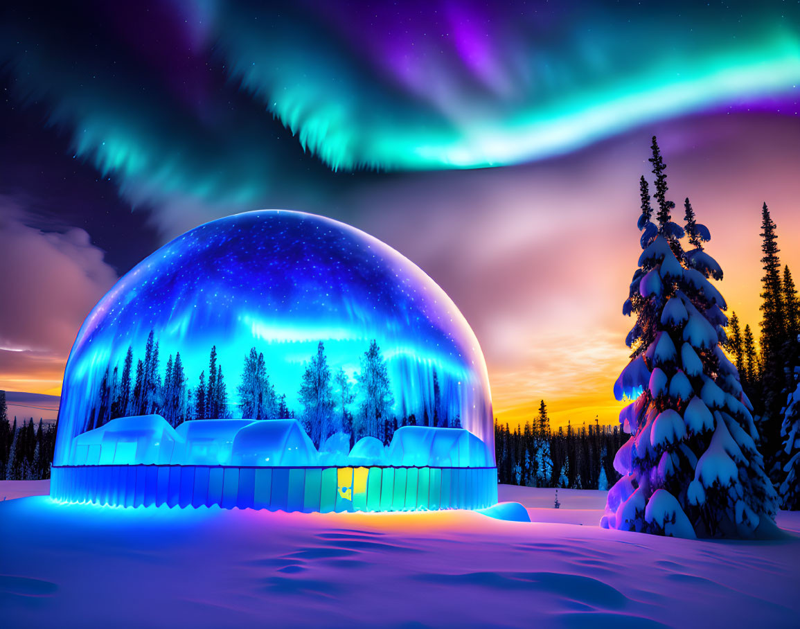 Northern Lights shining over snowy landscape with igloo and trees