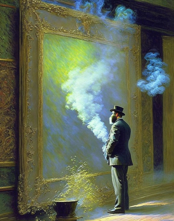 Man in Top Hat Stands by Vibrant Framed Painting